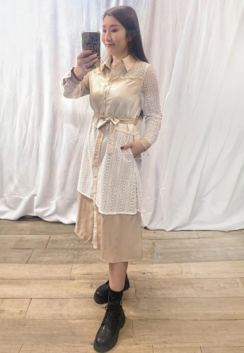  BS533 杏色不規則設計拼蕾絲裙